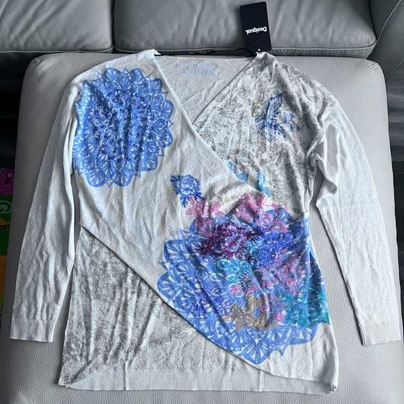 NWT - Desigual Women’s Sheer Mesh V Neck Sequin Metallic Knit Sweater - Size L - Picture 5 of 12